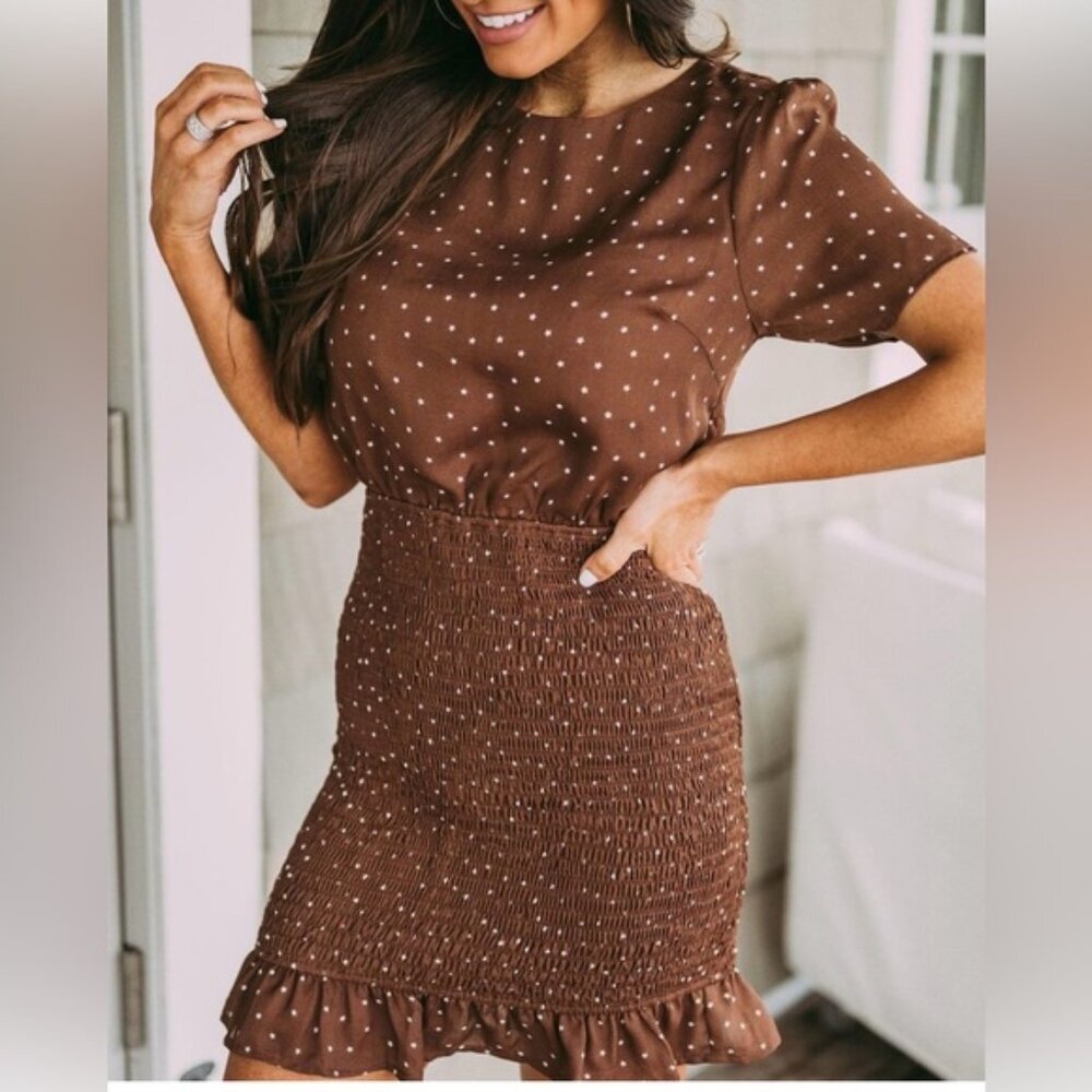 Le Lis Star Print Smocked Dress Lightweight Crew Fitted Stretch Ruffle Hem Top S